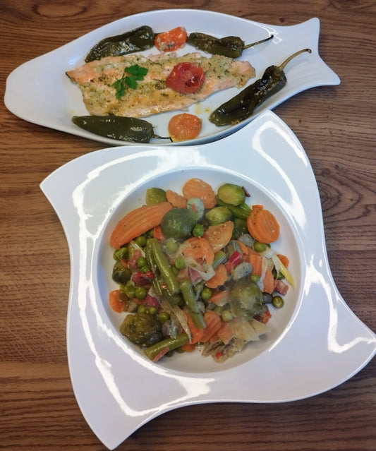 MENESTRA DE VERDURAS TRUCHA ASALMONADA AL HORNO o AIRFRYER