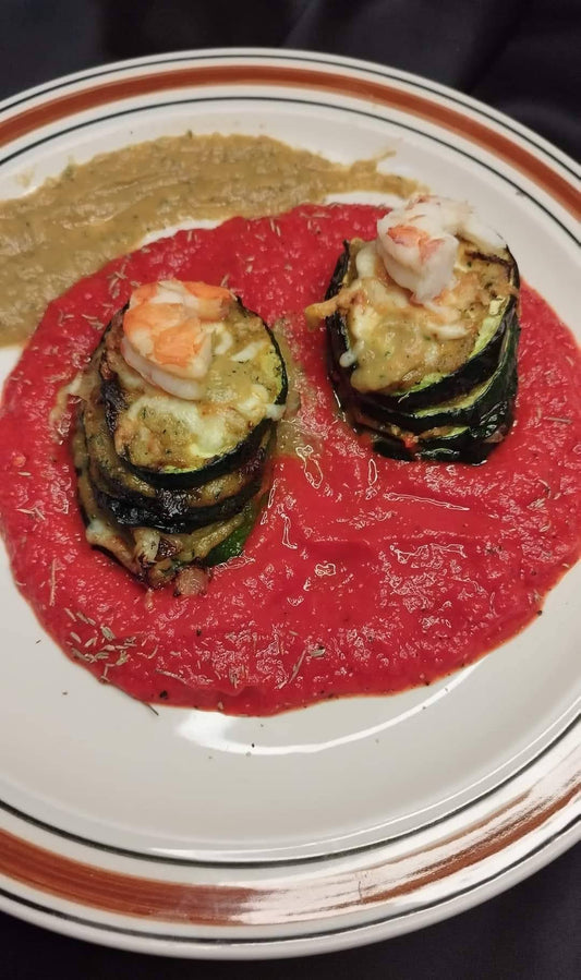 MILHOJAS DE CALABACÍN CON LANGOSTINOS